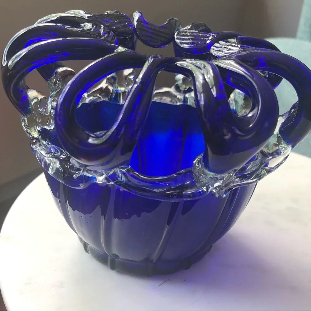 Rare Cobalt Blue Hand Blown Glass Vase with an Applied Blue Glass Flower Top
